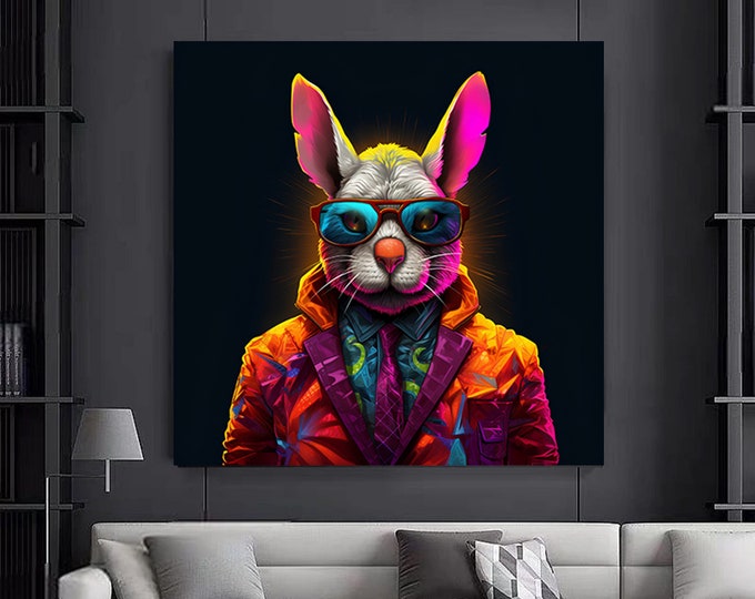 Brightly colored rabbit,Bunny in suit wearing glasses canvas wall art.Cute animal art.