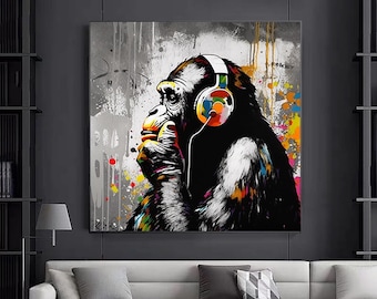 Abstract Graffiti Monkey Canvas, Colorful Chimp Wall Art