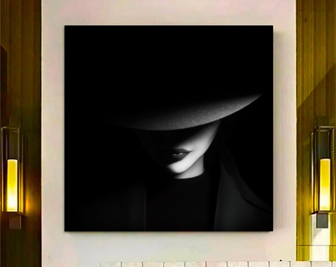 Woman silhouette canvas painting, woman with hot abstract canvas painting, modern woman painting, black and white woman