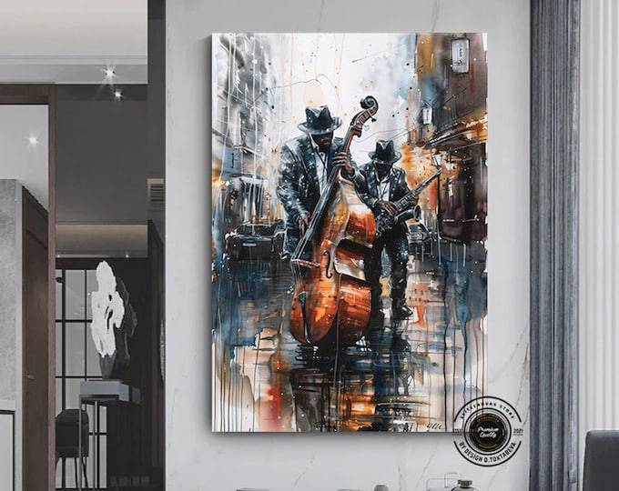 African Jazz Art, African Canvas, Jazz Wall Art,Black Man Musician Canvas, Watercolor with jazz band on the streets