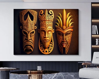 African Tribal Mask Canvas Print, Handmade Wall Art