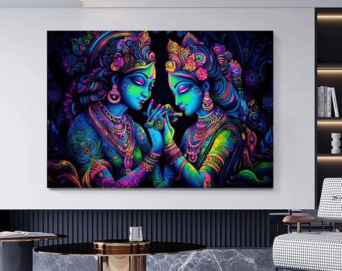 Radha Krishna Painting, Reproduction Art Canvas, India Traditional Printed, Lord Krishna and Radha Wall Decor, India Woman Poster,