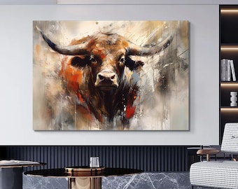 Colorful Highland Cow Canvas Painting, Abstract Bull Wall Decor