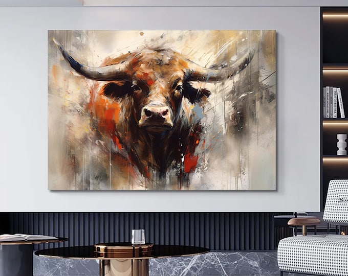 Bull canvas painting,Colorful bull,Bull painting art,Bull wall decor,Highland cow,Bull Abstract Canvas,Animal Painting,Big bull art
