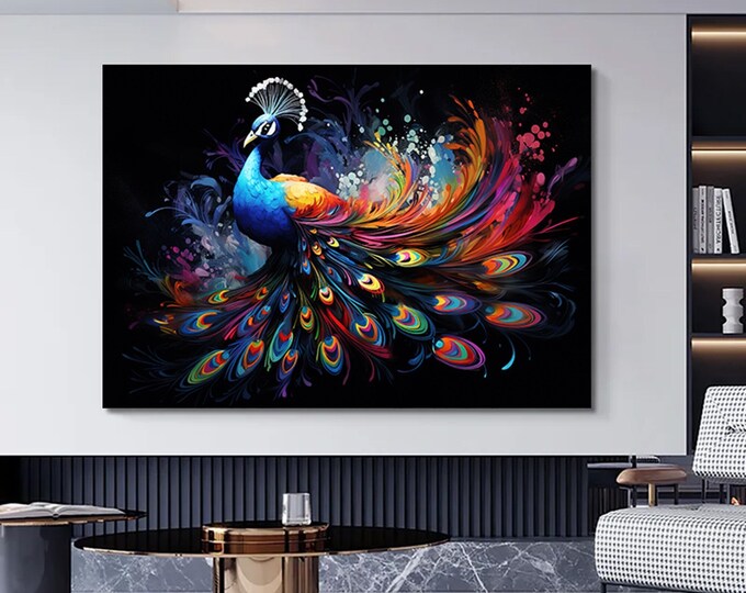 Peacock Wall Art, Forest Canvas Print, Colorful Animal Wall Decor, Animal Canvas Painting, Modern Printing Art, Home & Office Decoration