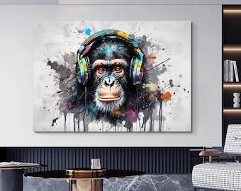 Graffiti Monkey Canvas, Funny Gorilla Wall Art, Colorful Chimp Decor