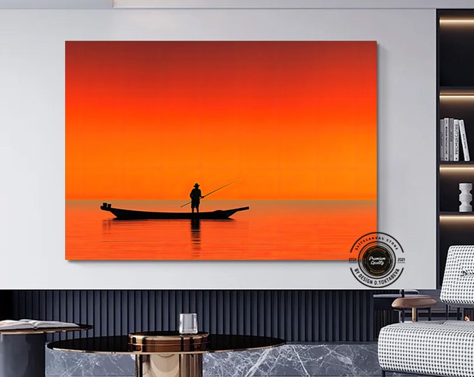 Large Sea Sunset with Fishing Boat Canvas Print, Fishing Wall Art