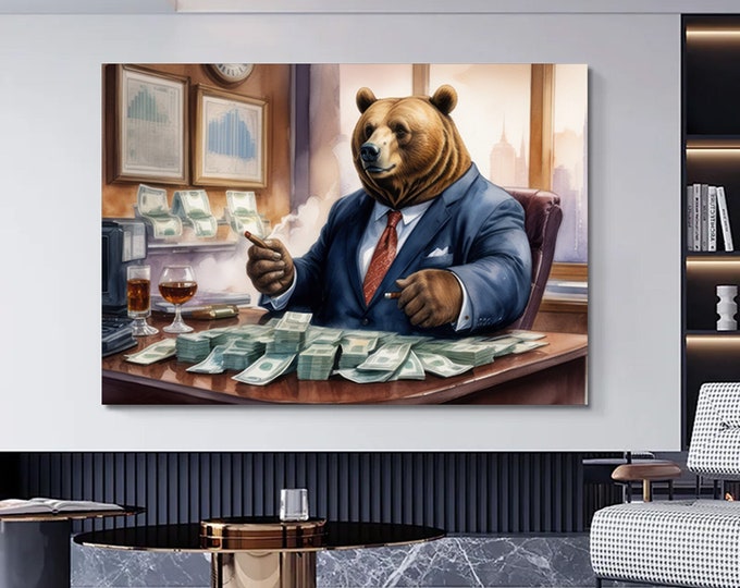 Wealthy Whiskers,Money Art, Playful Artwork, Anthro Art, Cute Bear, Affluent Aesthetic, Financial Humor, Home Decor, Wall Art, Luxe Living
