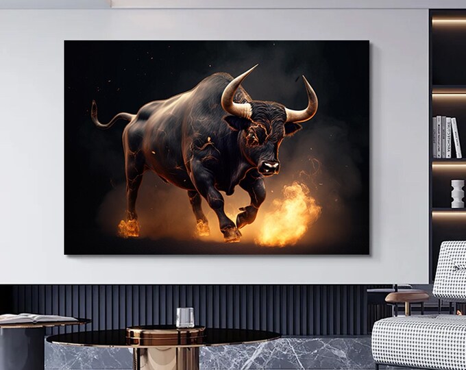 Image of a flaming angry bull wild animal.BLACK Bull - Financial District Wall Decor for Home and Office