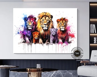 Lion Family Watercolor Painting Print, Colorful Lion Wall Art