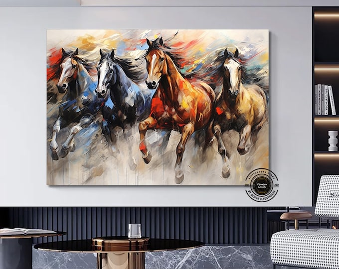 Extra Large Modern Abstract art geometry gold element animals running horses abstract canvas wall art.Horse wall canvas print painting.