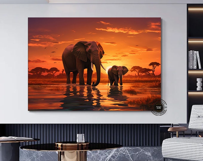 Elephant Family Canvas Wall Art, Elephant Art Print, African Animals Wall Decoration, Sunset Landscape, Canvas Ready to Hang