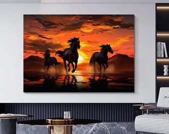 Running Horses Canvas Print, Sunset Wall Art
