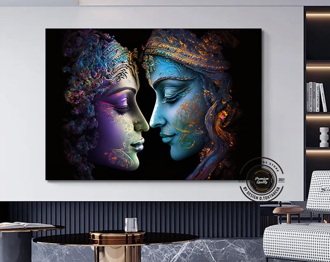 Radha Krishna Painting, Reproduction Art Canvas, India Traditional Printed, Lord Krishna and Radha Wall Decor, India Woman Poster,