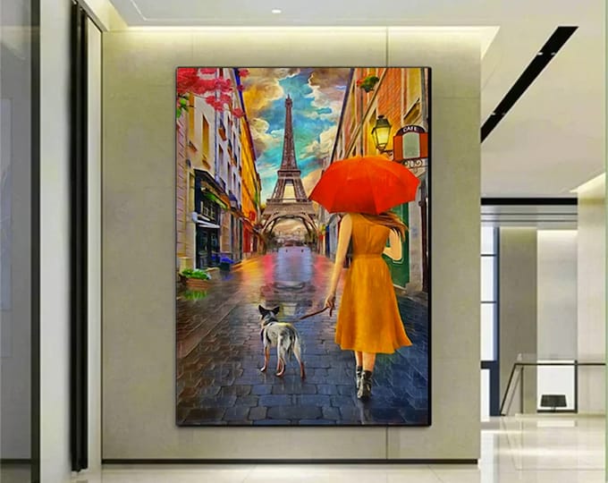 Red Umbrella Couple Wall Art,Eiffel Tower with Red Umbrella Canvas,Modern Minimalist Wall Art,Room Decor,Trendy Wall Art,Paris Home Decor