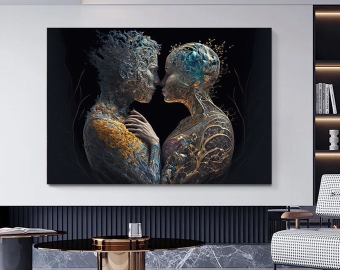 Love composed inhabiting two bodies canvas wall art.Two Love canvas painting.