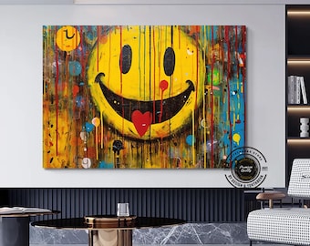 Graffiti Smiley Face Canvas, Street Art Painting, Pop Culture Wall Art