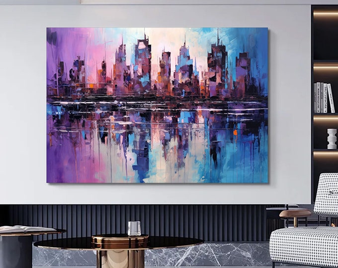 Purple and blue abstract art painting a city landscape.Abstract art canvas print