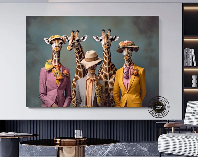 Flowering giraffes canvas, giraffes decor in suit,Giraffe art in Dress,Giraffe wall art,Animals home decor