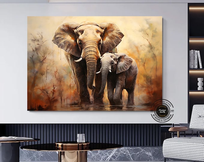 Mother and Baby elephant print , Walking Elephant canvas wall art , Elephant canvas painting ,animal kingdom , ready to hang canvas print