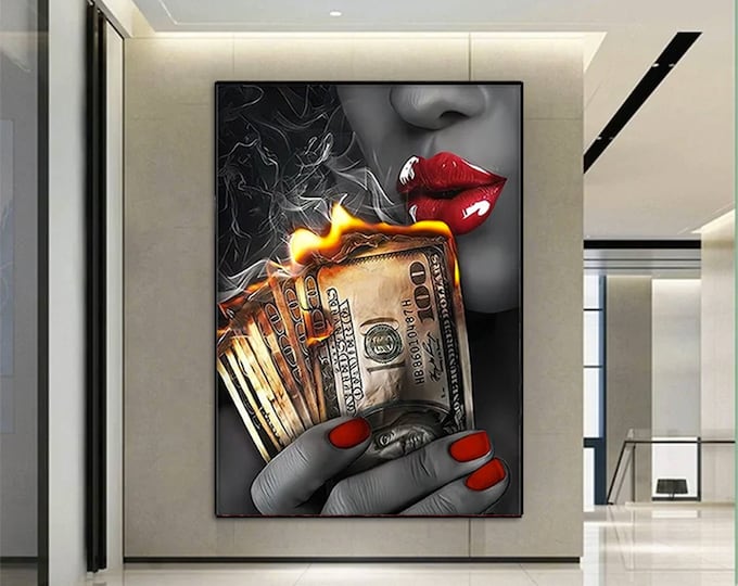 Sexy Woman With Red Lips, Woman With Dollars Canvas Wall Art , Woman Canvas , Women Canvas Print , Canvas Ready to Hang