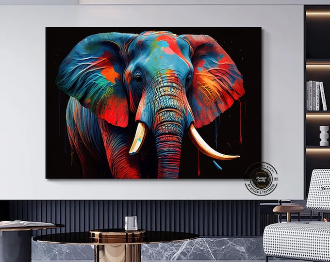 Elephant Wall Decor Living Room, Pop Art Wall Art Canvas, Extra Large Wall Art Abstract, Elephant Picture Frame, Abstract Animal Painting
