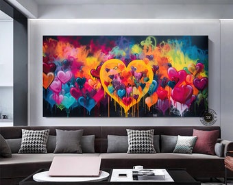 Banksy Graffiti Hearts Canvas Art: Large Framed Wall Art
