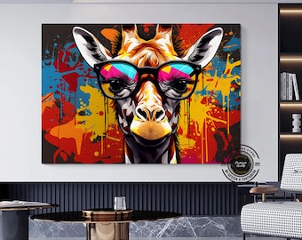 Colorful Giraffe with Glasses Graffiti Art, Framed Canvas Print