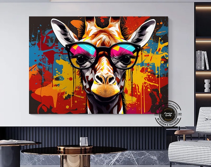 Colorful Giraffe With Glasses Abstract graffiti Wall Art, Framed Canvas Poster Print, Home Kitchen Office Room Decor, Gifts