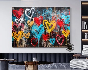 Banksy Graffiti Hearts Canvas Art: Large Framed Wall Art Set