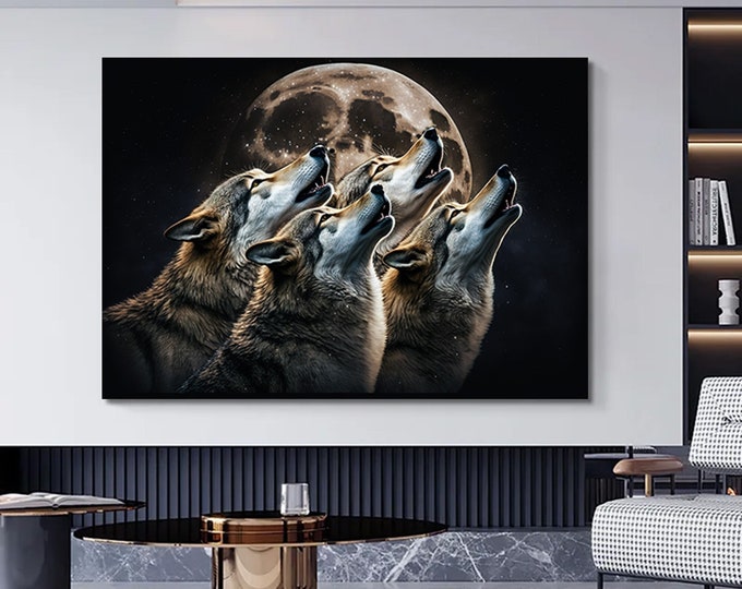 Abstract Wolves Canvas Print Wild Wolf Modern Wall Art Decor Extra Large Canvas 4 Wolves Howling At The Moon Trendy Canvas Gift Idea Bedroom