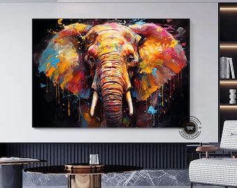 May include: A large, colorful canvas print of an elephant's face. The artwork features vibrant splashes of orange, yellow, blue, and pink against a black background. The elephant's tusks are white, and the overall style is abstract.