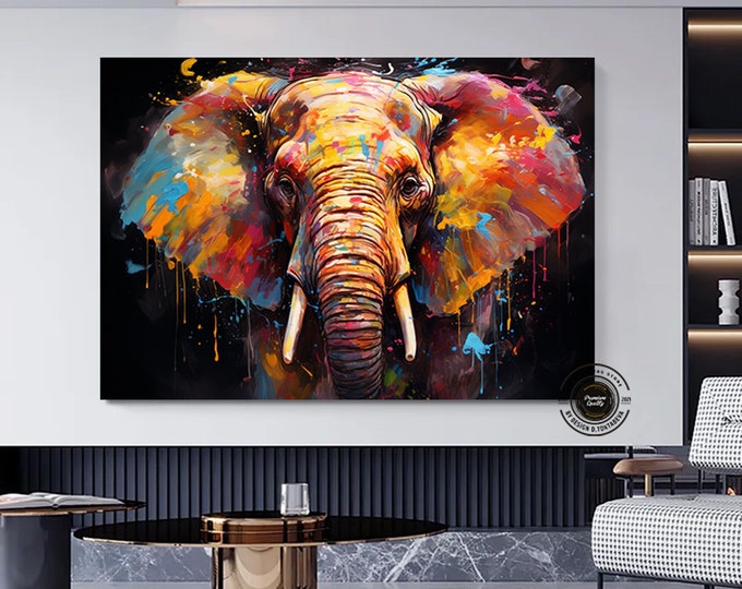 Elephant Print Art On Canvas, Large Pop Art Wall Art, Colorful Elephant Canvas Painting, Pop Art Canvas Print, African Elephant Wall Decor