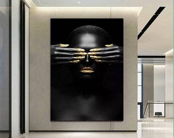 African woman closing her eyes canvas wall art , african woman canvas painting , gold woman canvas print, modern home decor ,