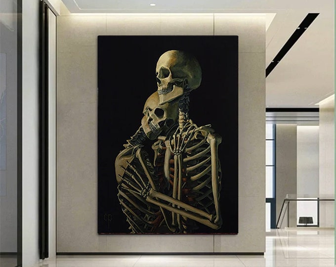 Hugging couple skull canvas wall art , skull canvas painting, skeleton art canvas, surreal canvas print, modern home decor