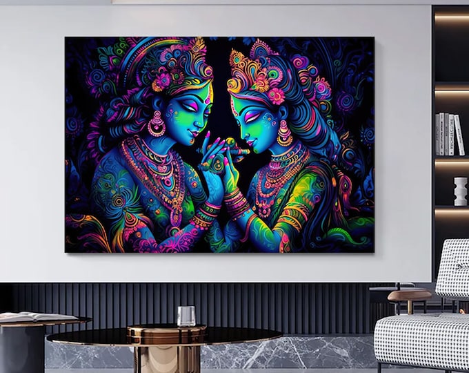 Radha Krishna Painting, Reproduction Art Canvas, India Traditional Printed, Lord Krishna and Radha Wall Decor, India Woman Poster,