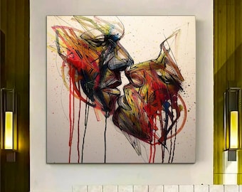 Kissing Lips Canvas Painting: Love Couple Valentine's Gift