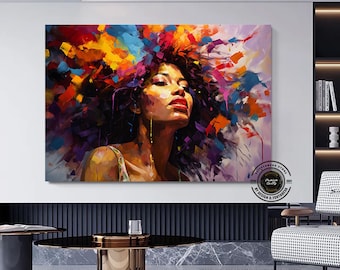 Black Woman Portrait Art: Colorful Abstract Canvas Print, Oversized Wall Art
