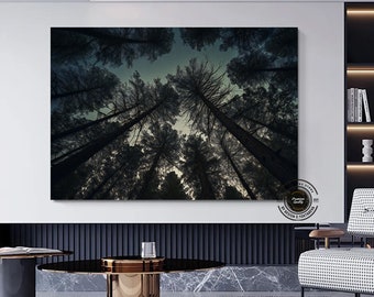 Pine trees in the forest with blue sky canvas wall art.Nature Canvas Painting, Landscape Wall Decor, Nature Art, Landscape Wall Art,