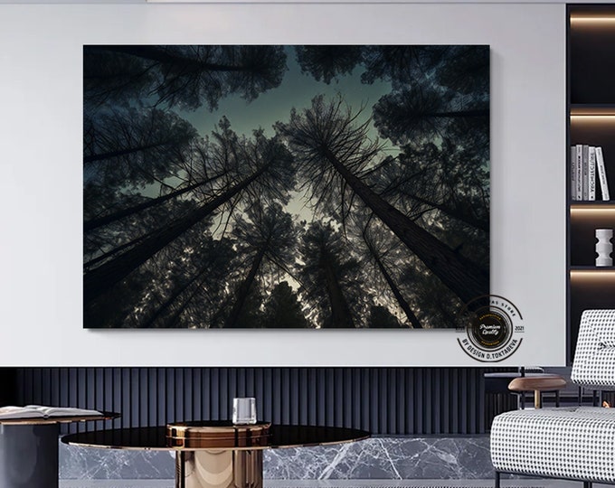 Pine trees in the forest with blue sky canvas wall art.Nature Canvas Painting, Landscape Wall Decor, Nature Art, Landscape Wall Art,