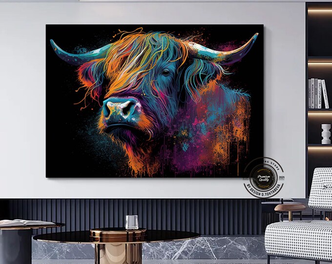 Bull canvas painting,Colorful bull,Bull painting art,Bull wall decor,Highland cow,Bull Abstract Canvas,Animal Painting,Big bull art