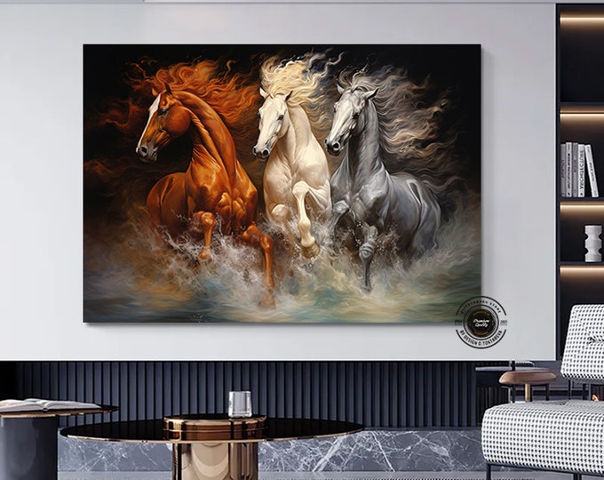 Extra Large Modern Abstract art geometry gold element animals running horses abstract canvas wall art.Horse wall canvas print painting.