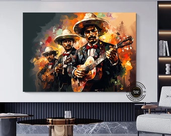 May include: Three men wearing sombreros and playing acoustic guitars. The men are painted in a colorful, abstract style against a dark background.