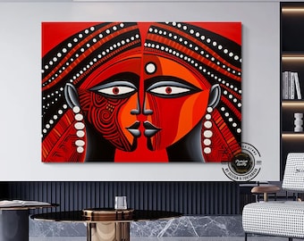 Abstract African Tribal Face Canvas Art: Handmade Wall Decor