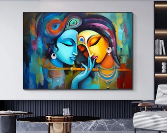 Radha Krishna Painting, Reproduction Art Canvas, India Traditional Printed, Lord Krishna and Radha Wall Decor, India Woman Poster,