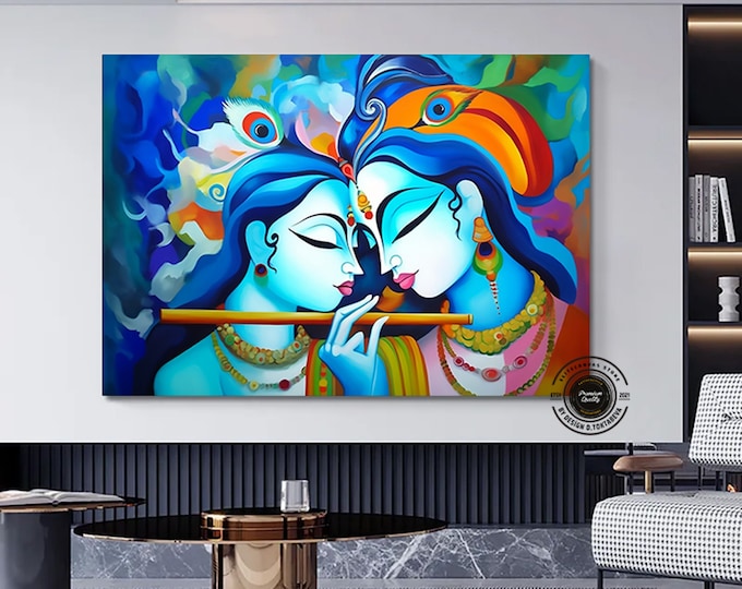 Radha Krishna Painting, Reproduction Art Canvas, India Traditional Printed, Lord Krishna and Radha Wall Decor, India Woman Poster