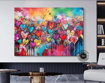 Banksy Graffiti Hearts Canvas Art: Framed Street Art Print