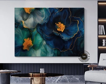Abstract Floral Canvas Art: Liquid Marble Ink, Contemporary Wall Decor