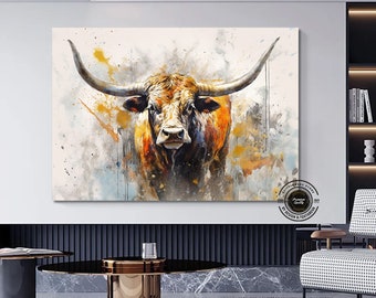 Bull canvas painting,Colorful bull,Bull painting art,Bull wall decor,Highland cow,Bull Abstract Canvas,Animal Painting,Big bull art