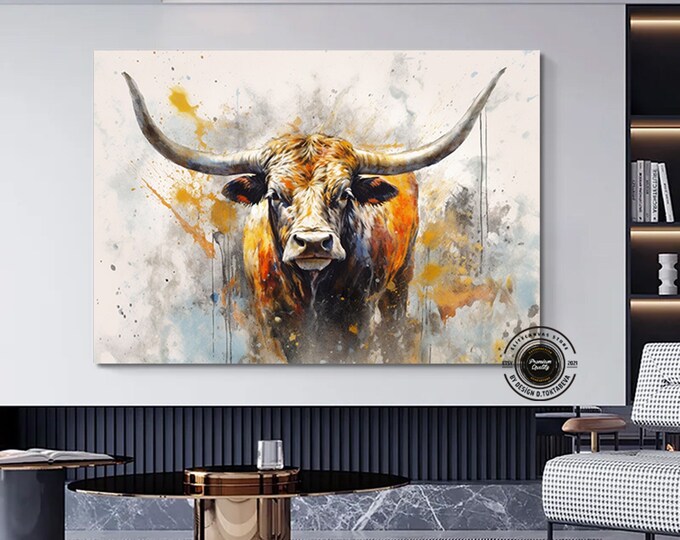 Bull canvas painting,Colorful bull,Bull painting art,Bull wall decor,Highland cow,Bull Abstract Canvas,Animal Painting,Big bull art